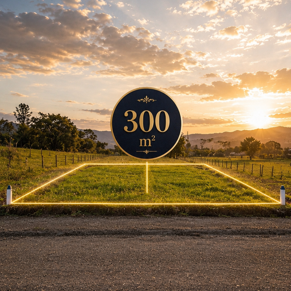 Lote de 300 m² con sus linderos resaltados al atardecer