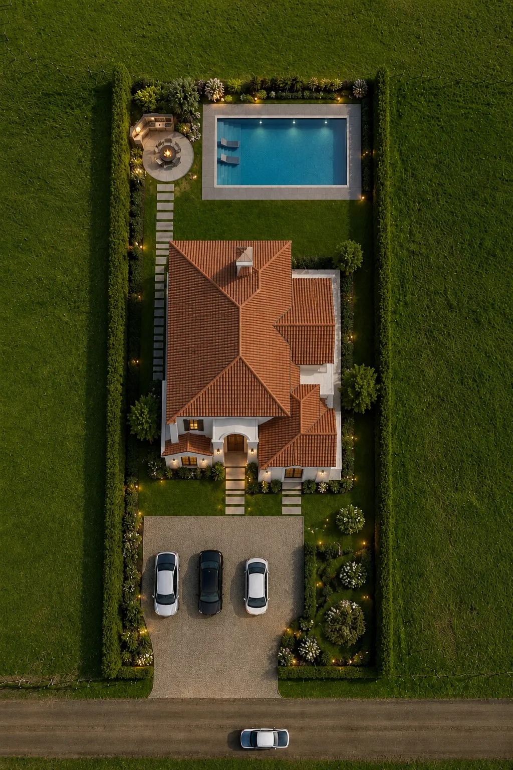 Vista aérea de referencia de un lote con casa, piscina, zona BBQ, jardines y parqueadero