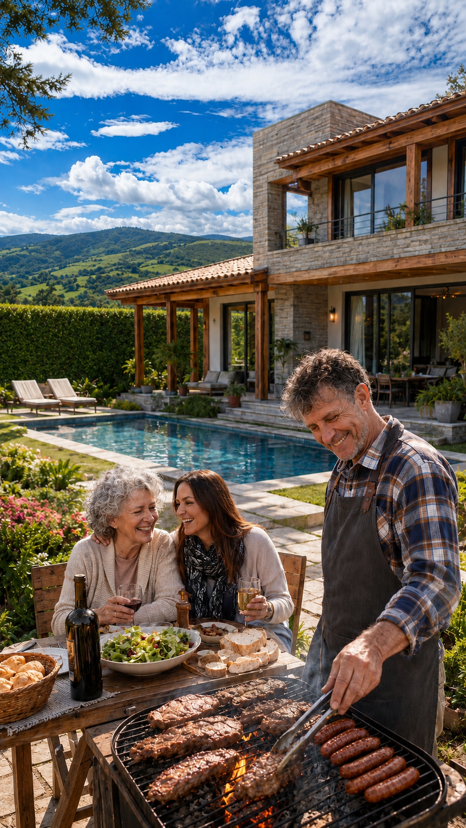 Familia compartiendo un asado junto a la piscina de su casa campestre