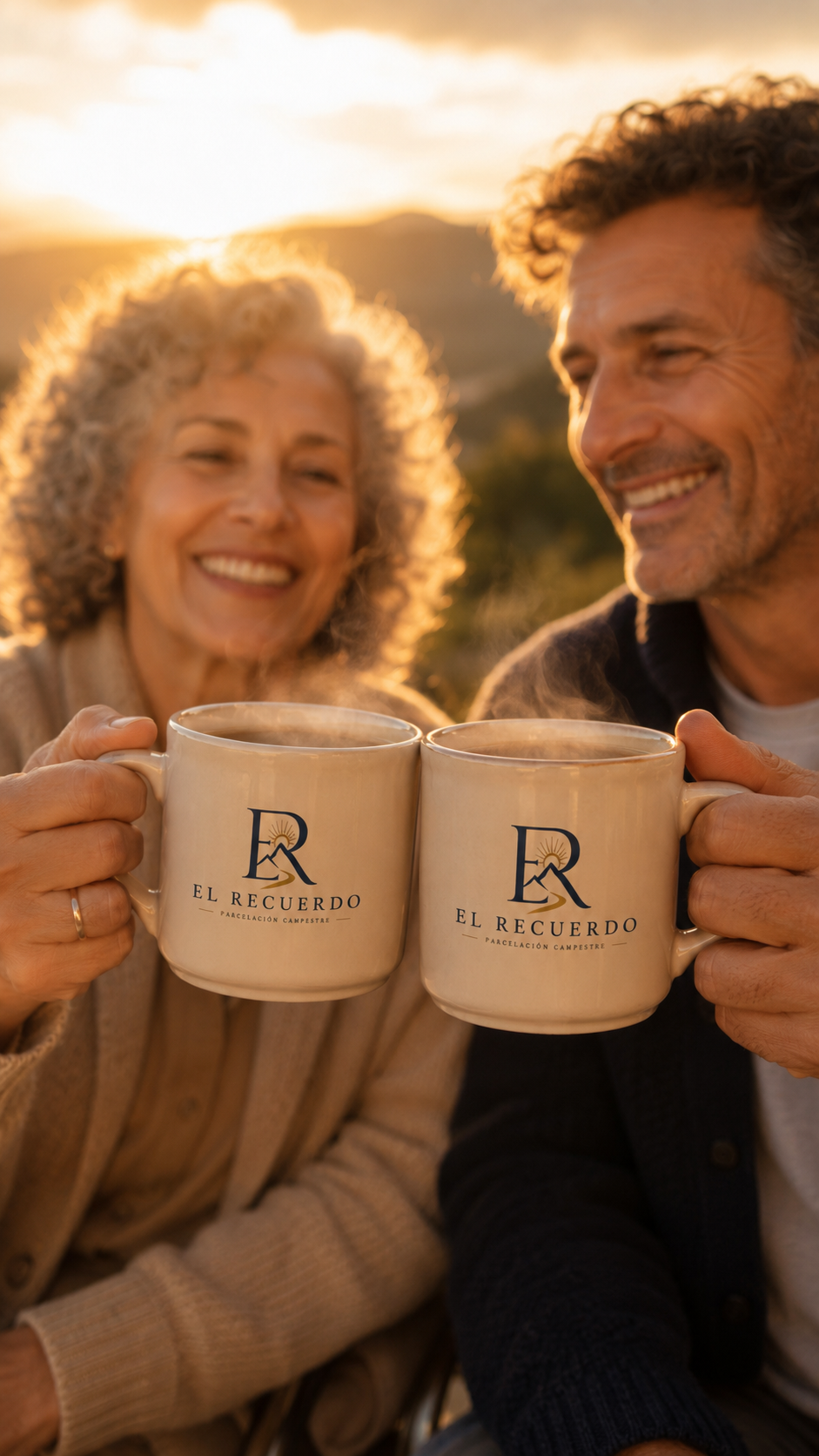 Pareja brindando con café al amanecer frente a las montañas